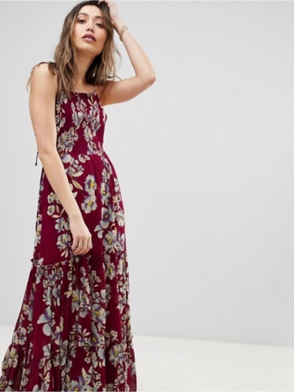 Free People Garden Party Floral Tiered Flowing Burgundy Maxi Dress• X-Small